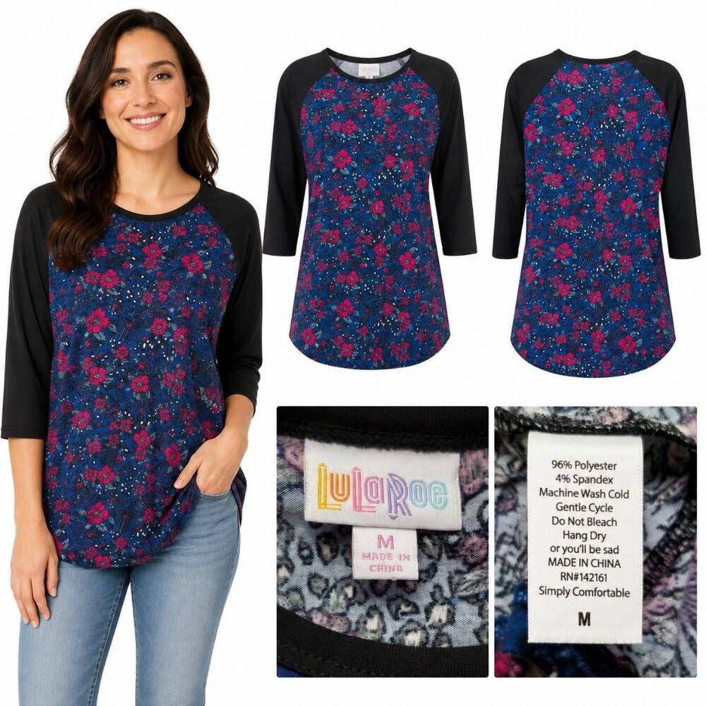LuLaRoe Womens Medium Randy Top Black Sleeves Blue Pink Floral Raglan Tunic Shir